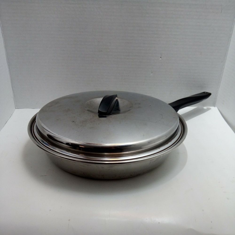 Vintage USA Flint Stainless Steel 10" Skillet w/Lid Radiant Heat Core Ecko